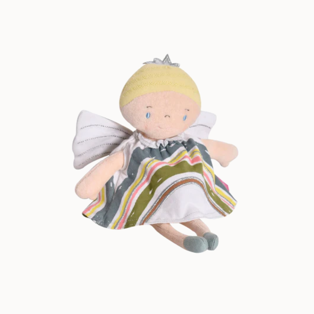 Toy fairy with a striped dress on a white background