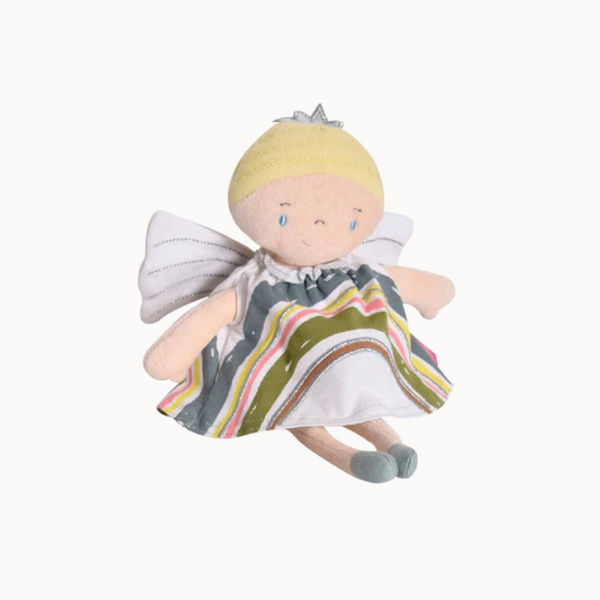 Toy fairy with a striped dress on a white background