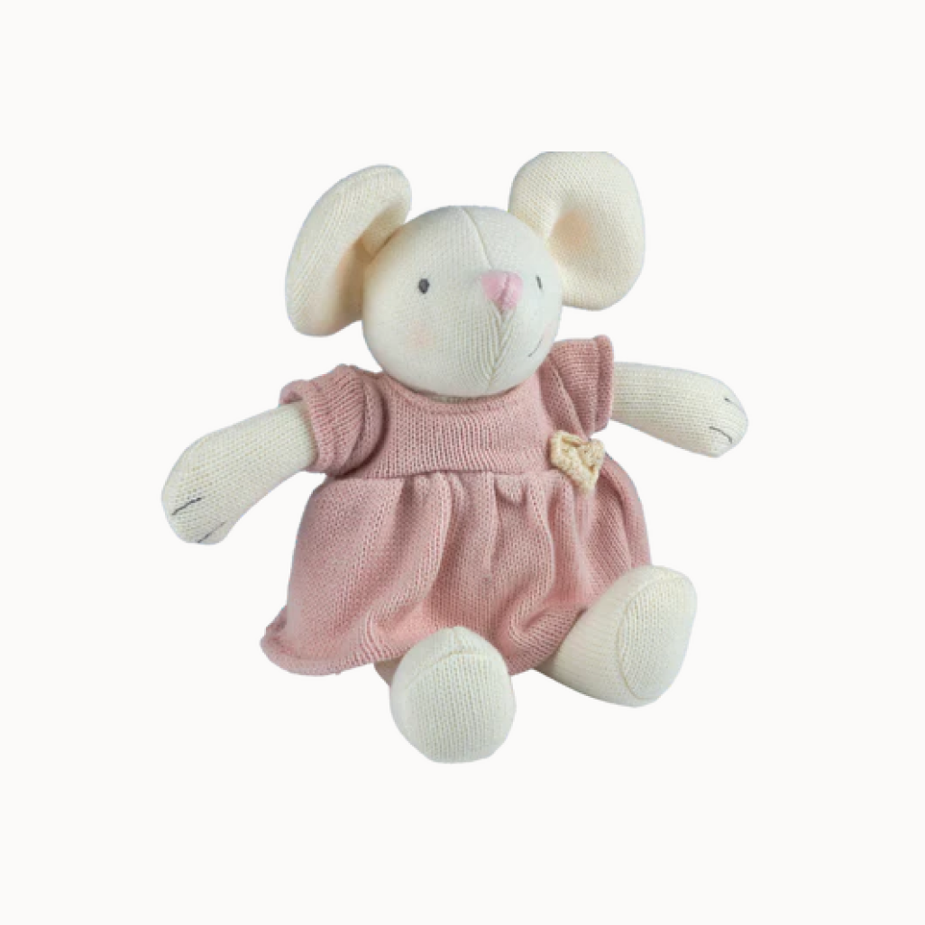 Plush mouse toy wearing a pink dress on a white background