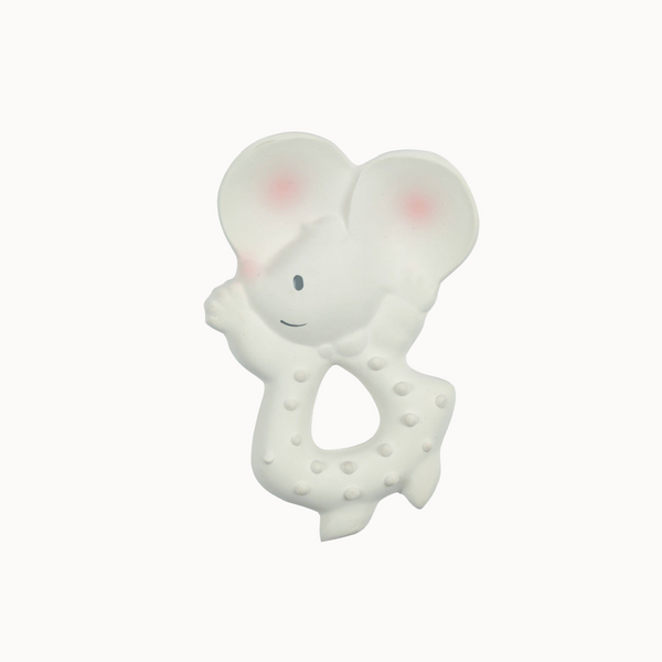 White elephant-shaped teething ring with pink accents on a white background