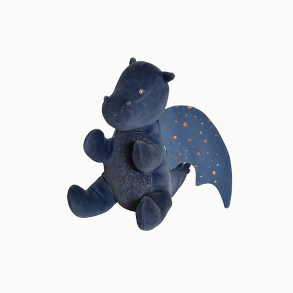 Blue plush dragon toy with star pattern on a white background