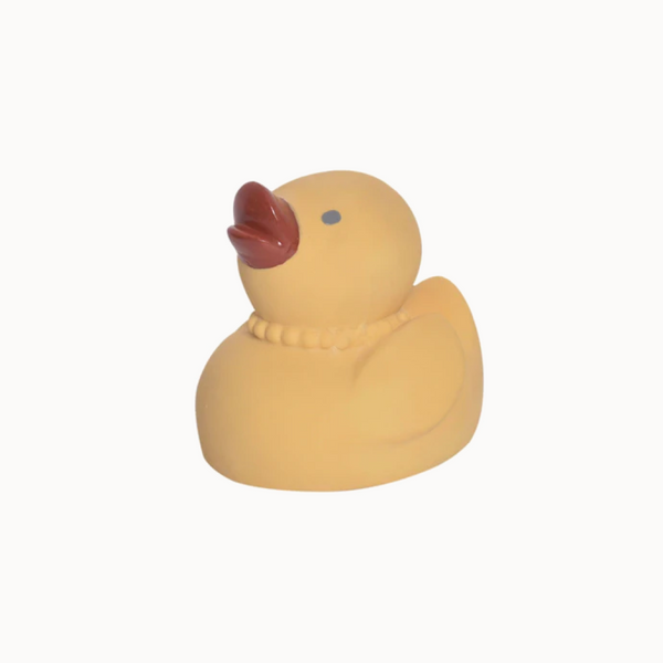 Yellow rubber duck with a red beak on a white background