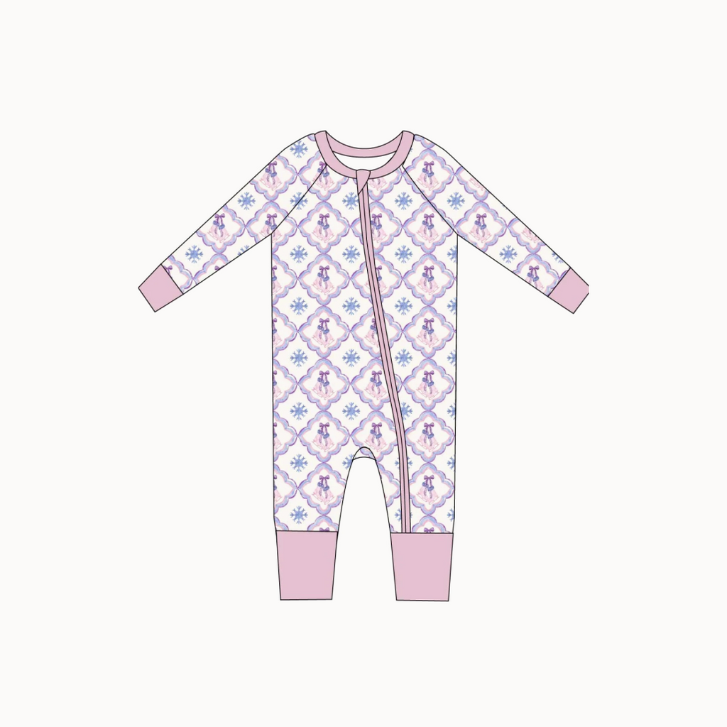 Bodysuit pajamas with illustrated ice skates, snowflakes, and bows.