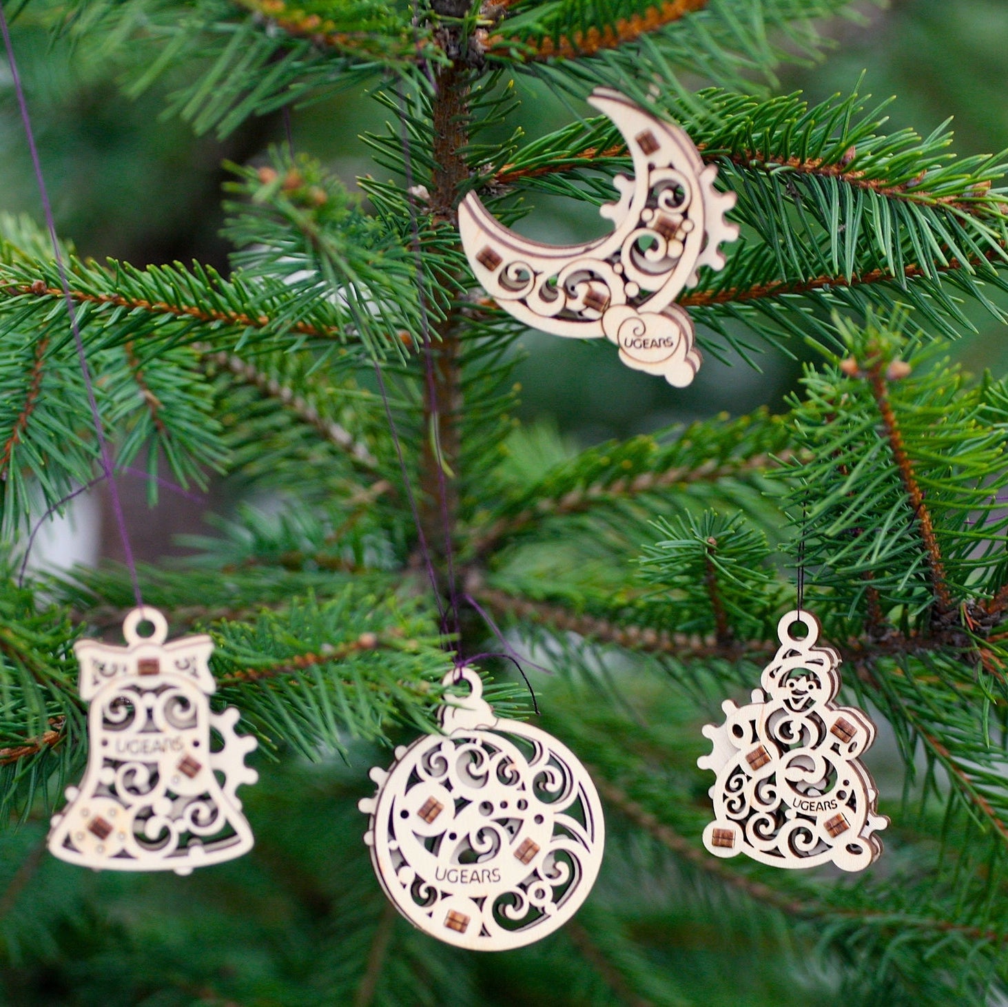 Wooden ornaments on a tree