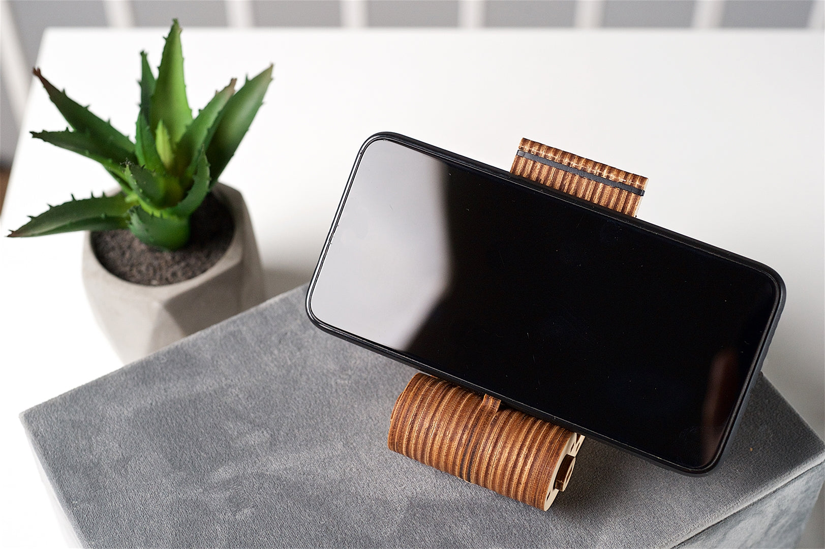 Smartphone on a wooden stand with a plant in the background
