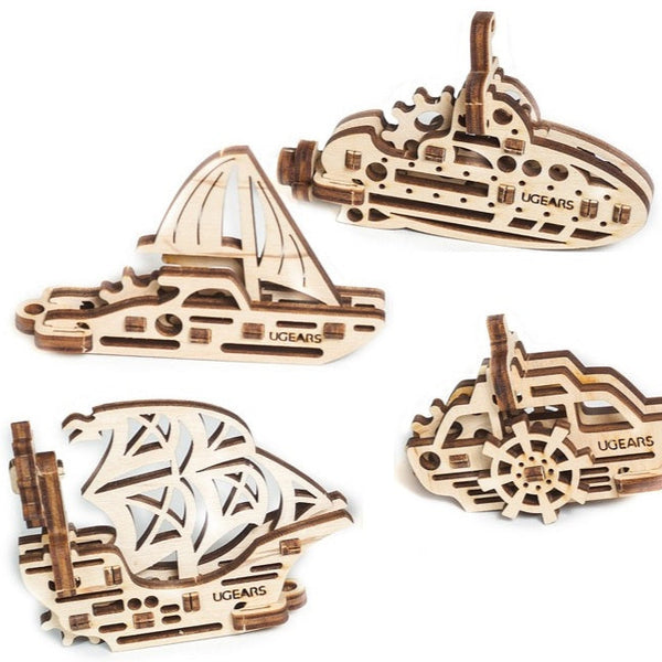 Ugears wooden ship puzzles on white background