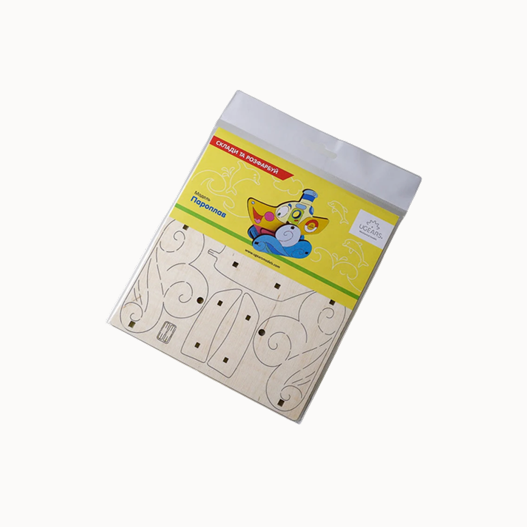Ugears kids steamboat wooden puzzle packaging on a white background