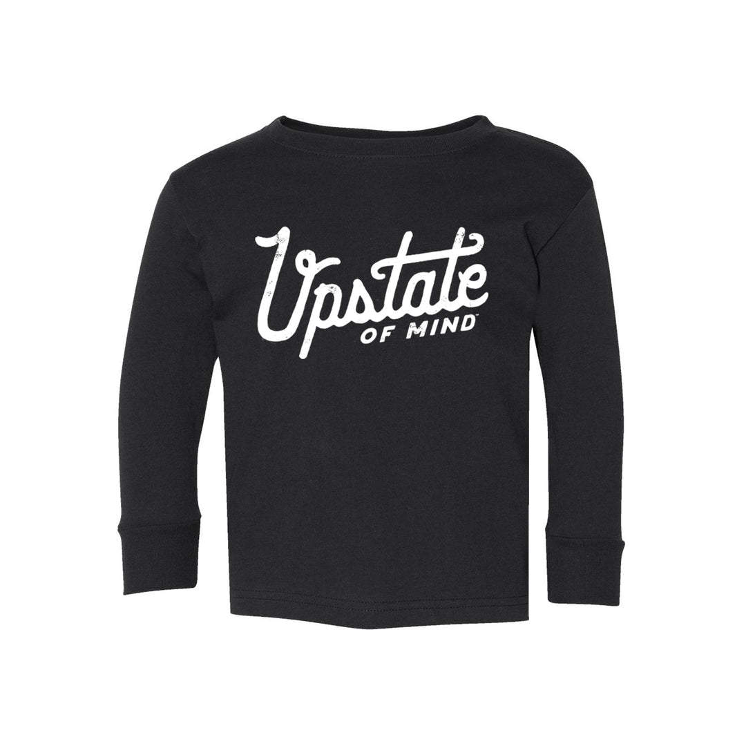 Black long-sleeve shirt with 'Upstate of Mind' text on a white background