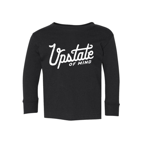 Black long-sleeve shirt with 'Upstate of Mind' text on a white background
