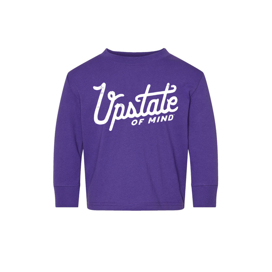 Purple sweatshirt with 'Upstate of Mind' text on a white background