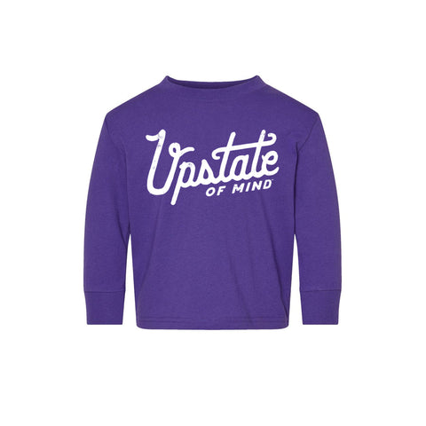 Purple sweatshirt with 'Upstate of Mind' text on a white background