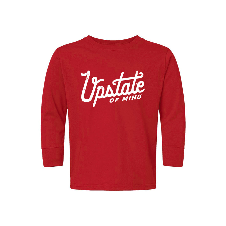 Red long-sleeve shirt with 'Upstate of Mind' text on a white background