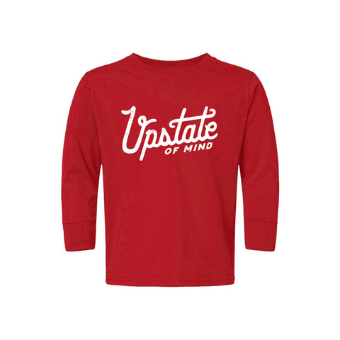 Red long-sleeve shirt with 'Upstate of Mind' text on a white background