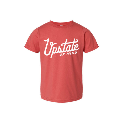 Red t-shirt with 'Upstate of Mind' text on a white background