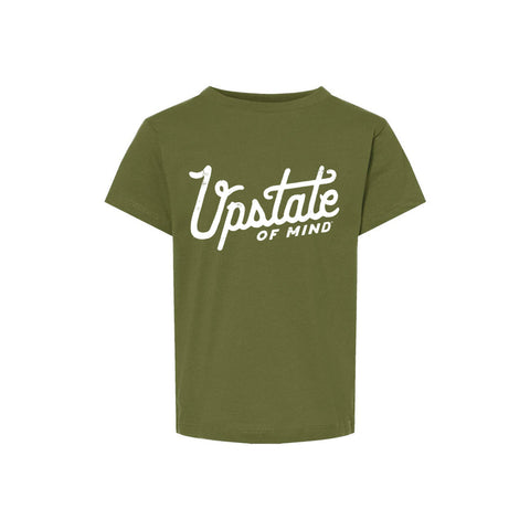 Green t-shirt with 'Upstate of Mind' text on a white background