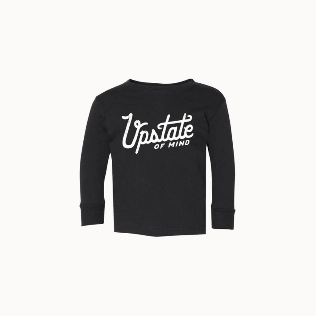 Black long-sleeve shirt with 'Upstate of Mind' text on a white background