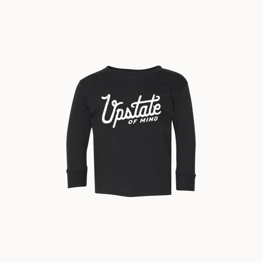 Black long-sleeve shirt with 'Upstate of Mind' text on a white background