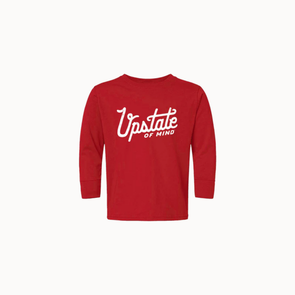 Red long-sleeve shirt with 'Upstate of Mind' text on a white background