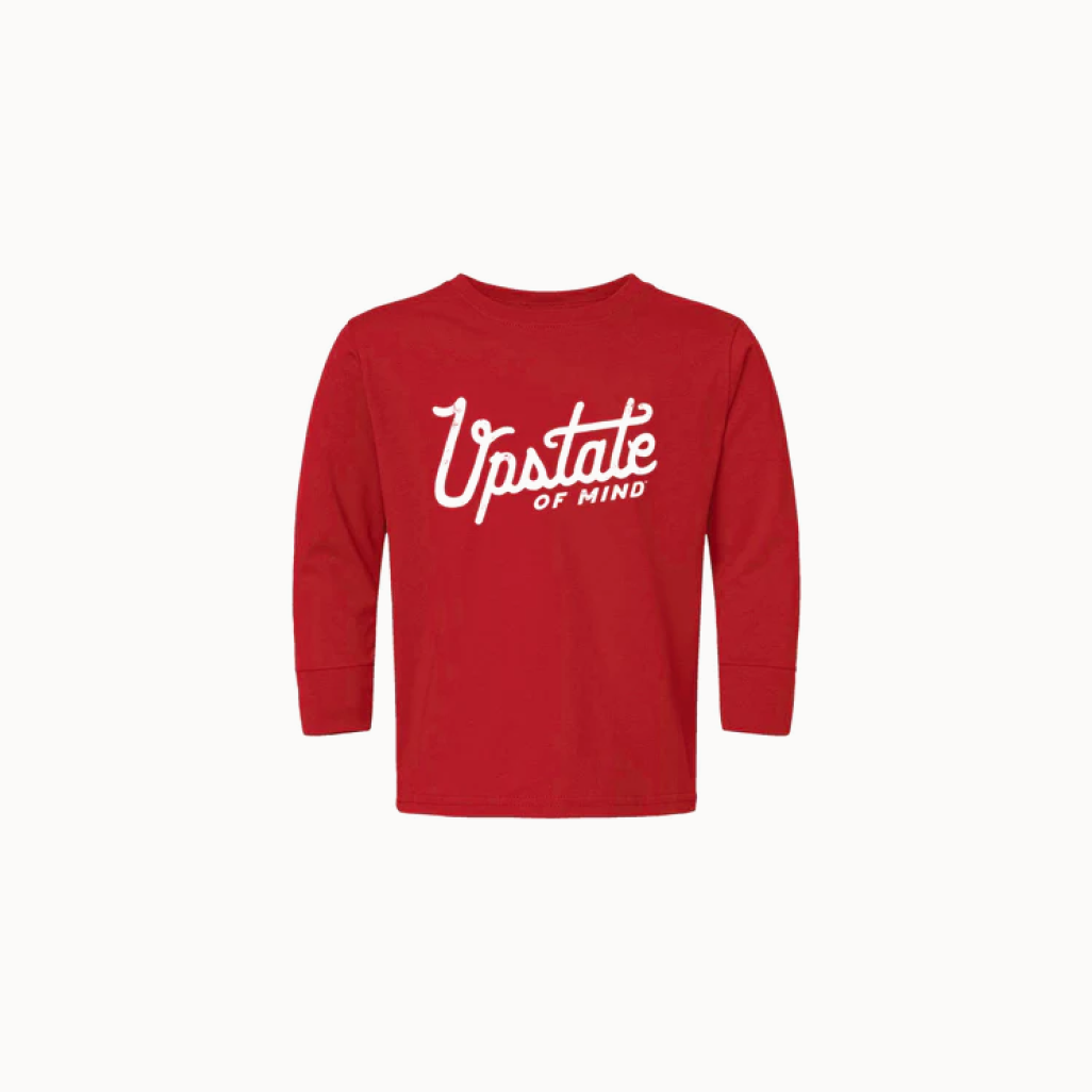 Red long-sleeve shirt with 'Upstate of Mind' text on a white background