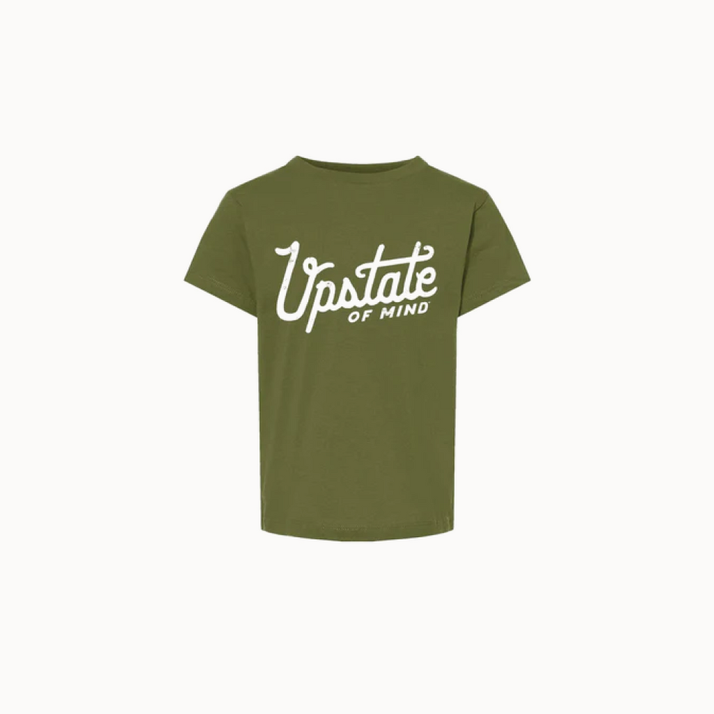 Green t-shirt with 'Upstate of Mind' text on a white background