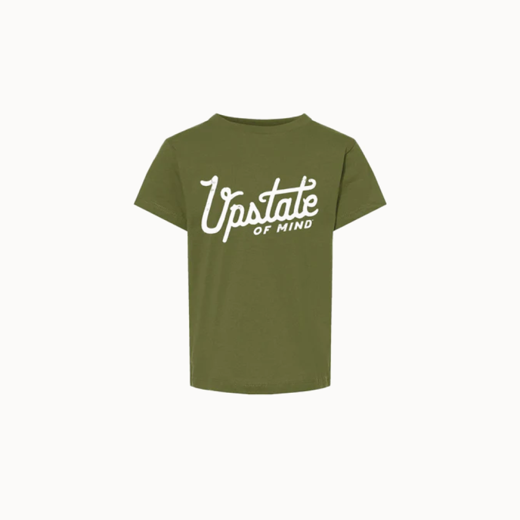 Green t-shirt with 'Upstate of Mind' text on a white background