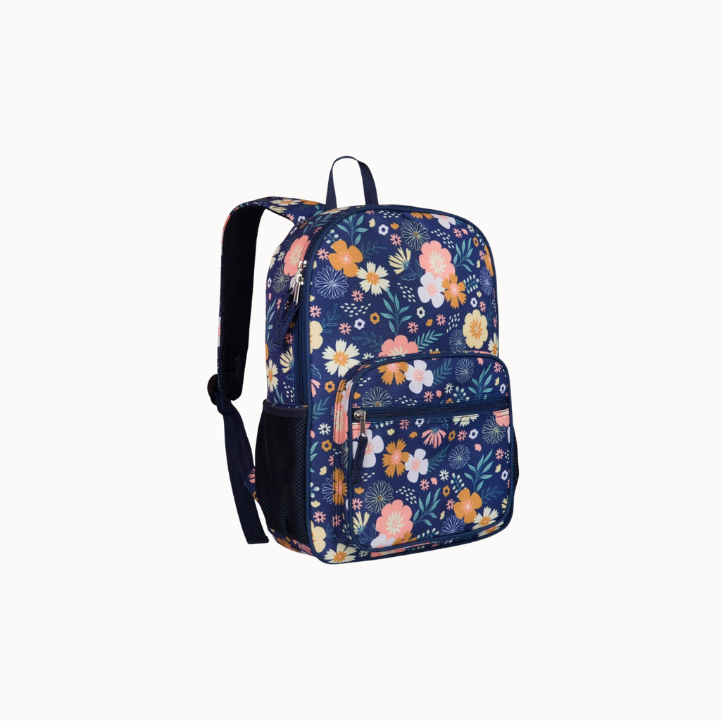 A navy blue backpack with a colorful floral and botanical pattern, featuring a top handle, main zippered compartment, front zippered pocket, and side mesh pocket, shown on a plain off-white background.