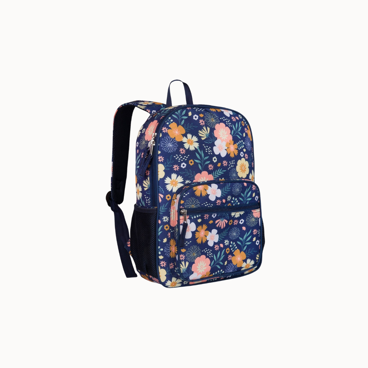 A navy blue backpack with a colorful floral and botanical pattern, featuring a top handle, main zippered compartment, front zippered pocket, and side mesh pocket, shown on a plain off-white background.