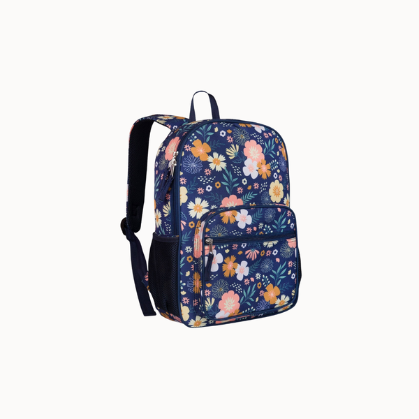 A navy blue backpack with a colorful floral and botanical pattern, featuring a top handle, main zippered compartment, front zippered pocket, and side mesh pocket, shown on a plain off-white background.