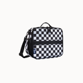A black and white checkered cooler bag with a top handle, shoulder strap, and front zipper pocket, shown on a plain light background.