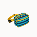 A small rectangular fanny pack with a blue and turquoise striped pattern, yellow trim, and a yellow adjustable strap with a black buckle, shown on a plain light gray background.