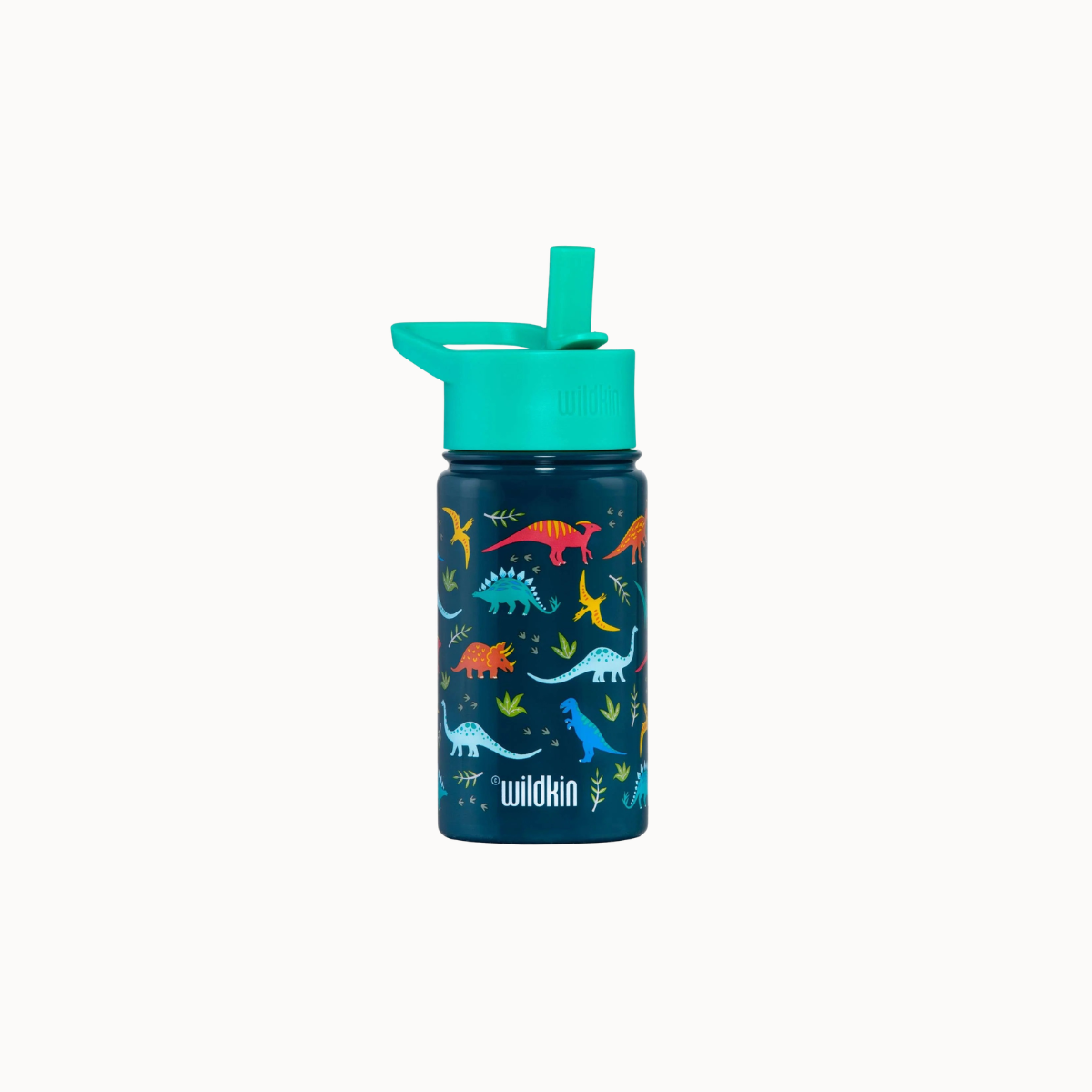A dark blue insulated water bottle with a teal flip-top lid and a colorful dinosaur pattern, featuring the 'wildkin' brand logo near the bottom.