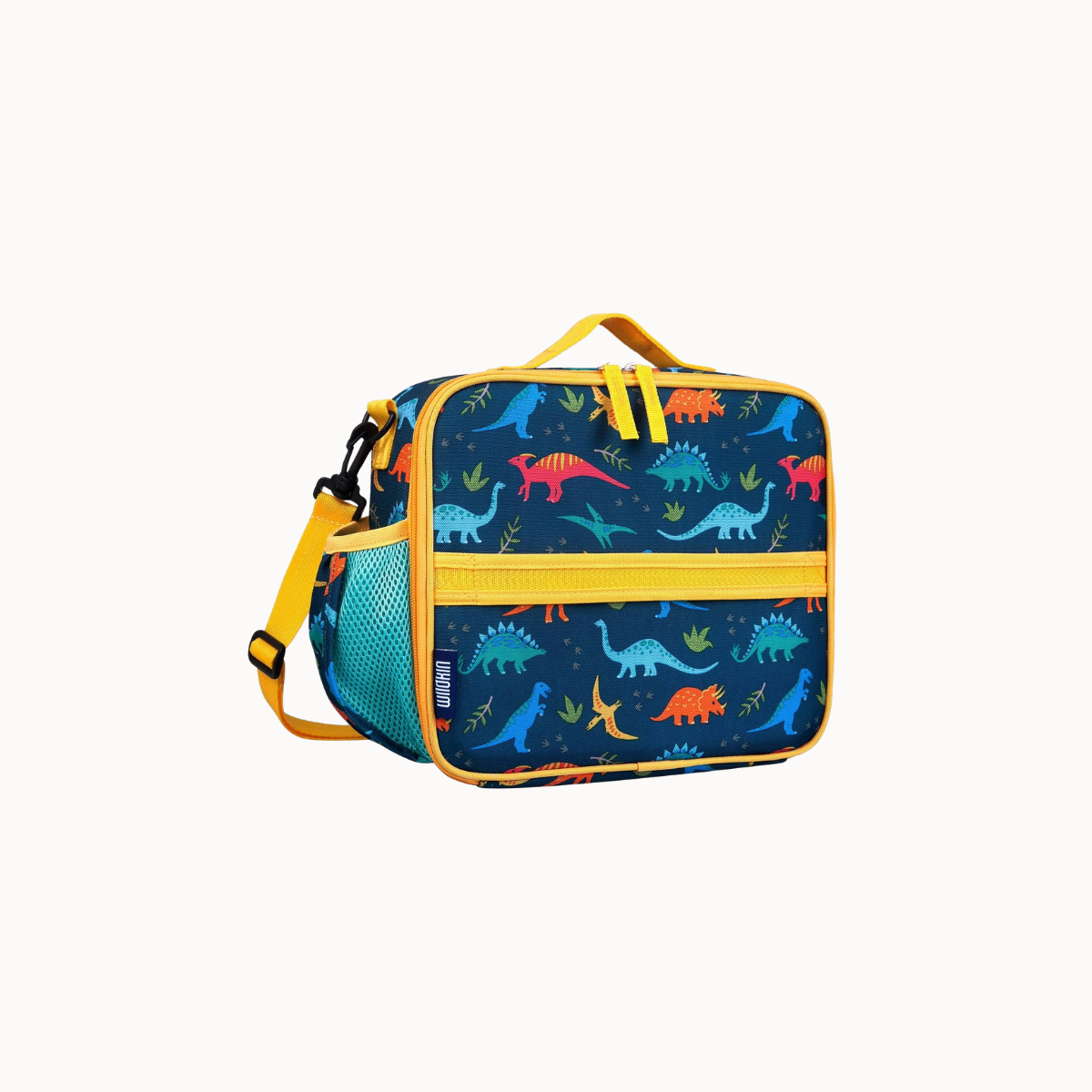 A square lunch bag with a dark blue background covered in a colorful dinosaur print, featuring bright yellow trim, a top handle, and a detachable shoulder strap.