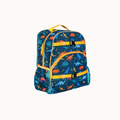 A children's backpack featuring a colorful dinosaur pattern on a dark blue background, with bright yellow straps, zippers, and trim, shown against a plain off-white background.