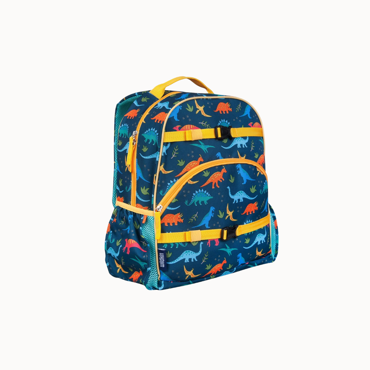 A children's backpack featuring a colorful dinosaur pattern on a dark blue background, with bright yellow straps, zippers, and trim, shown against a plain off-white background.