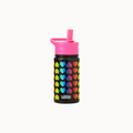 A black insulated water bottle with a bright pink lid and a colorful heart pattern, shown on a plain light background.