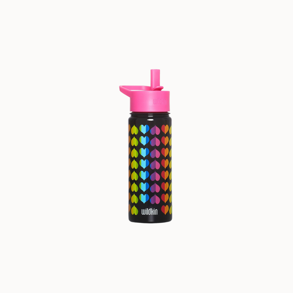 A black insulated water bottle with a bright pink flip-top lid and a colorful heart pattern on the body, shown on a plain white background.