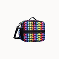 A square lunch bag with a black handle and shoulder strap, featuring a vibrant, repeating pattern of overlapping hearts in rainbow colors on a black background.