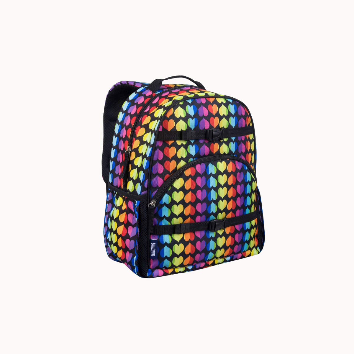 A backpack with a vibrant rainbow heart pattern, black straps, and black trim, shown against a plain light gray background.