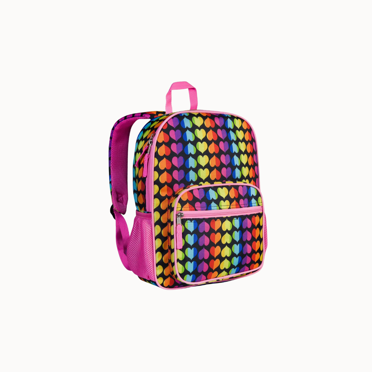 A colorful school backpack with a vibrant rainbow heart pattern, featuring a pink mesh side pocket, pink straps, and a front zippered pocket, shown against a plain white background.