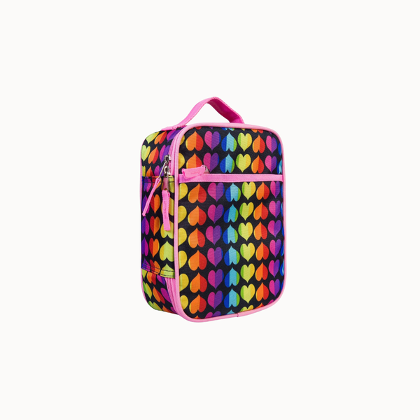 A rectangular lunch bag with a colorful rainbow heart pattern on a black background, featuring pink trim and a pink top handle, shown against a plain white background.