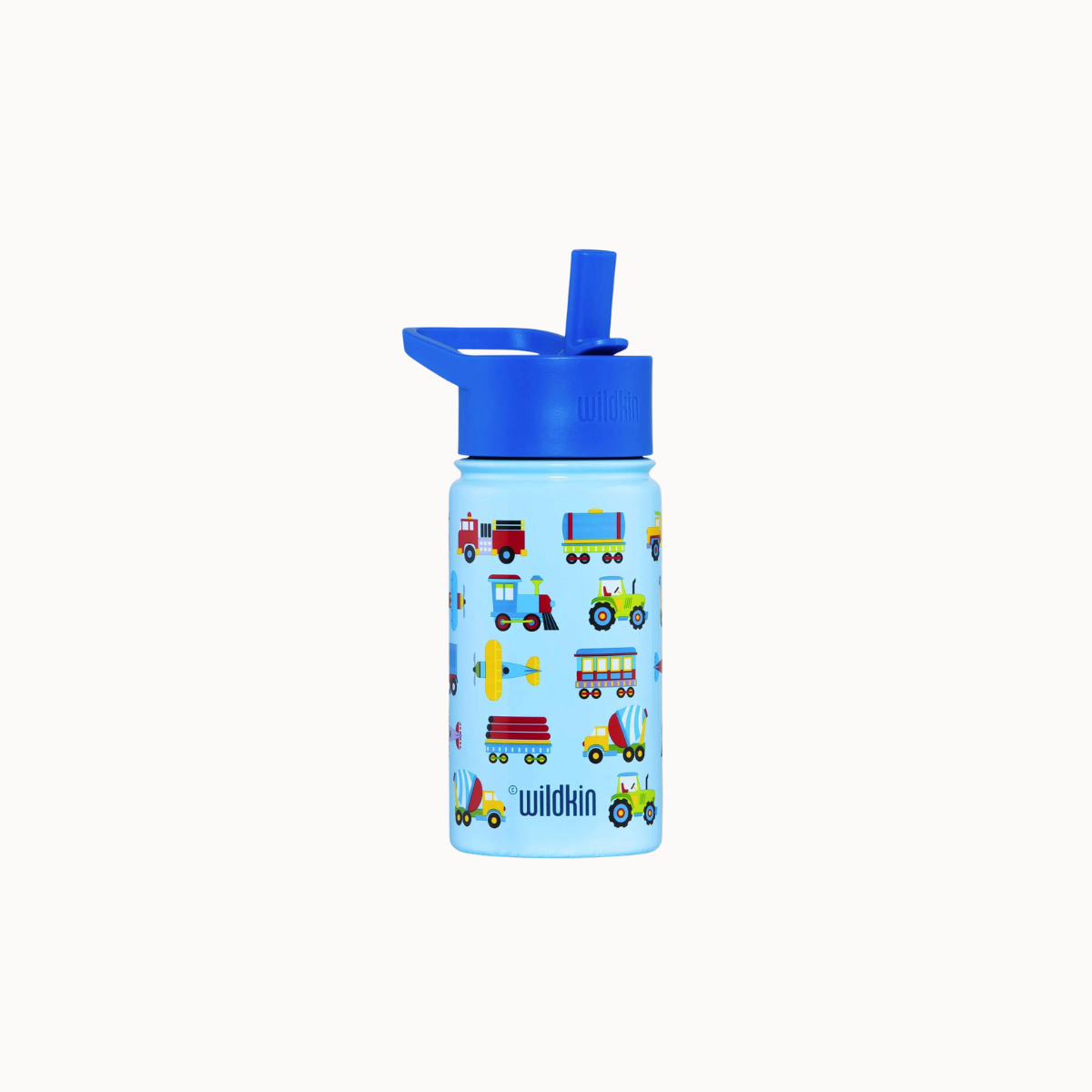 A light blue kids' water bottle with a blue flip-top lid, decorated with colorful illustrations of construction vehicles like tractors, dump trucks, and cranes. The brand name 'wildkin' is printed in black near the bottom.