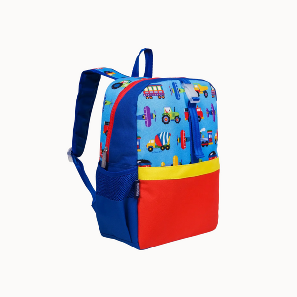A children's backpack with a blue upper section featuring a colorful school-truck pattern, a bright yellow horizontal band, and a solid red lower front pocket, shown on a plain light background.
