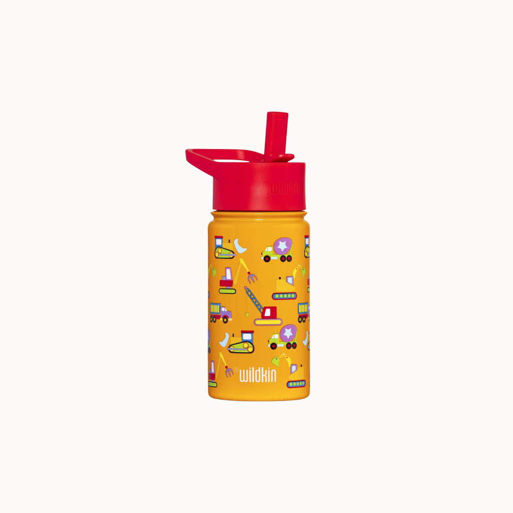A yellow insulated water bottle with a red flip-straw lid, decorated with colorful construction vehicle illustrations, on a plain white background.