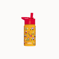 A yellow insulated water bottle with a red flip-straw lid, decorated with colorful construction vehicle illustrations, on a plain white background.