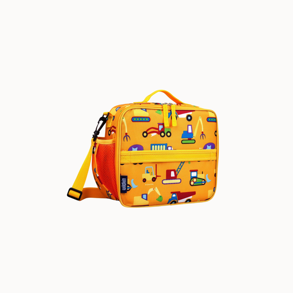 A bright yellow lunch bag with a colorful construction-themed print featuring cartoon cranes, trucks, and tools, shown on a plain light gray background.