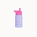 A light purple insulated water bottle with a pink lid and straw, decorated with a repeating pattern of white unicorns and pastel clouds. The brand name 'wildkin' is printed near the bottom.