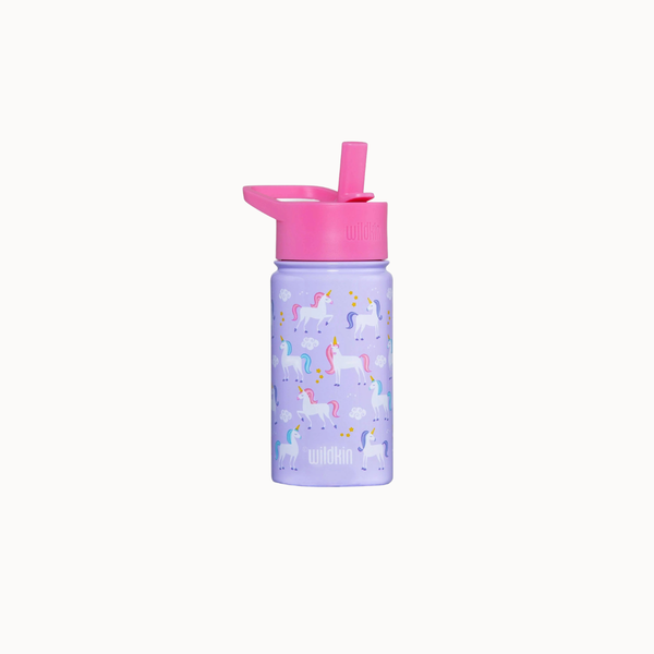 A light purple insulated water bottle with a pink lid and straw, decorated with a repeating pattern of white unicorns and pastel clouds. The brand name 'wildkin' is printed near the bottom.