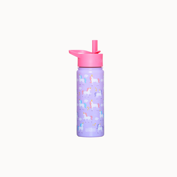 A purple water bottle with a pink flip-top lid and straw, decorated with a repeating pattern of white, pink, and blue unicorns on a light background.