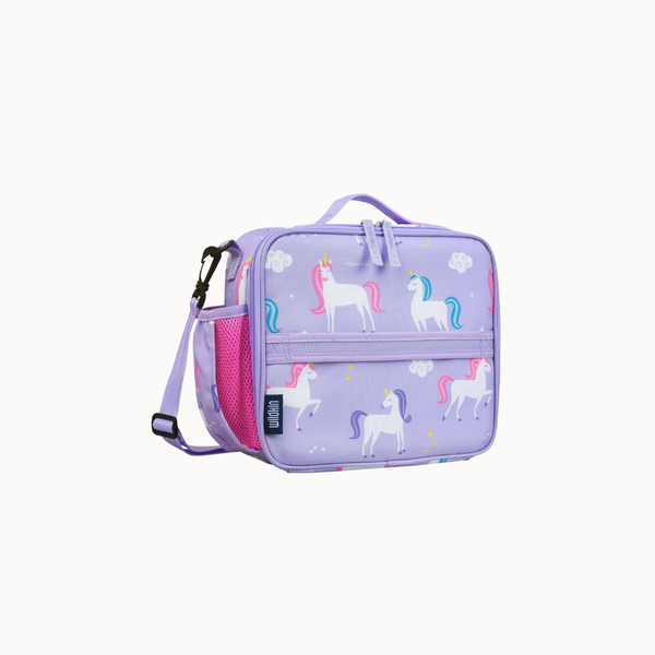 A lavender insulated lunch bag with a unicorn print, featuring a top handle, shoulder strap, and pink mesh side pocket, shown on a plain off-white background.