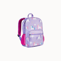 A light purple school backpack with a white unicorn pattern, featuring bright pink mesh side pockets and a pink top handle, shown on a plain light background.